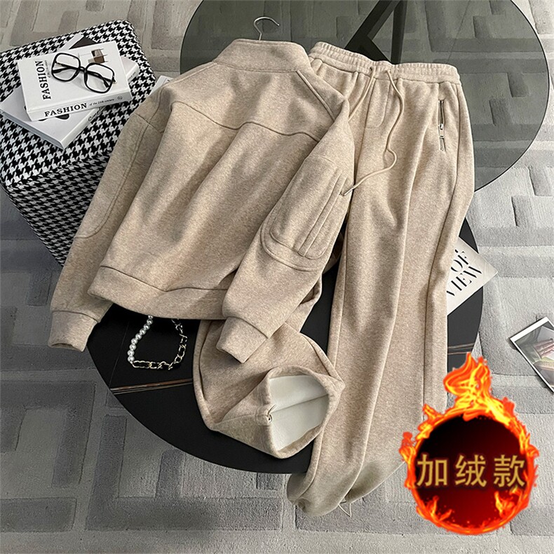 秋冬新款加绒加厚卫衣阔腿裤两件套时尚显瘦保暖套装,女装套装/套裙,江南