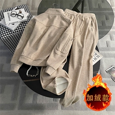 秋冬新款加绒加厚卫衣阔腿裤两件套时尚显瘦保暖套装，女装套装/套裙，江南