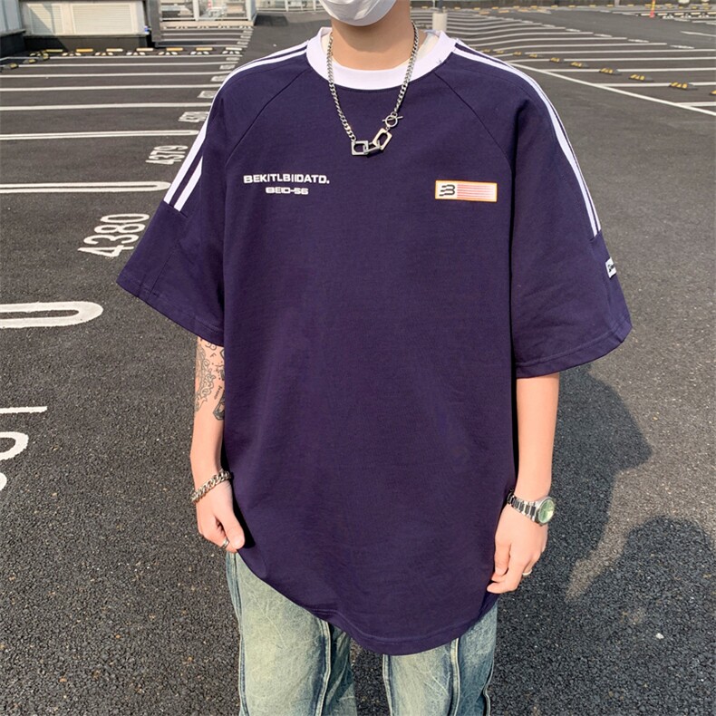 2024夏季宽松百搭条纹T恤新款美式复古圆领短袖男现货T1718-P36,男装T恤,星座512-4