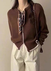 秋季新款舒适显瘦时尚丝巾拼色针织开衫，女装羊毛衫，恒恩羊绒