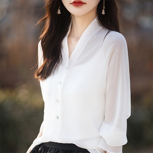 优雅气质女装秋款单排扣纯色乔其纱开衫轻薄透气显瘦长袖上衣图片