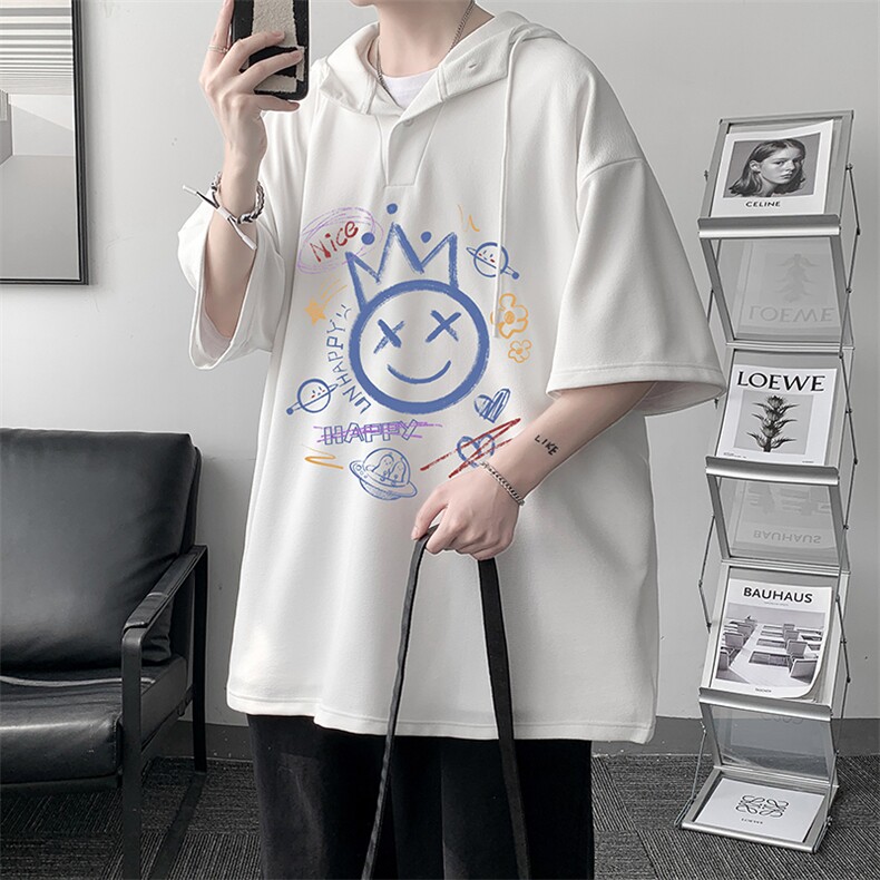 LD54180-P45 连帽短袖t恤男大码胖子带帽五分袖中袖 大皂风图片