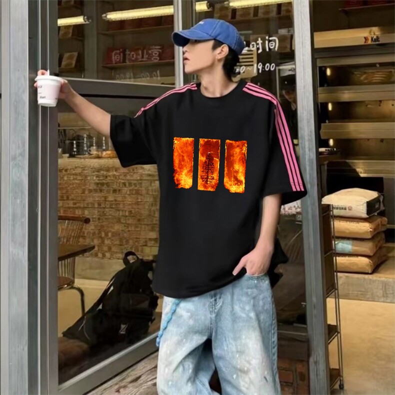抖音得物品质二开240克宽松纯棉美式潮牌印花三条杠中性风短袖T恤,男装T恤,电商A486