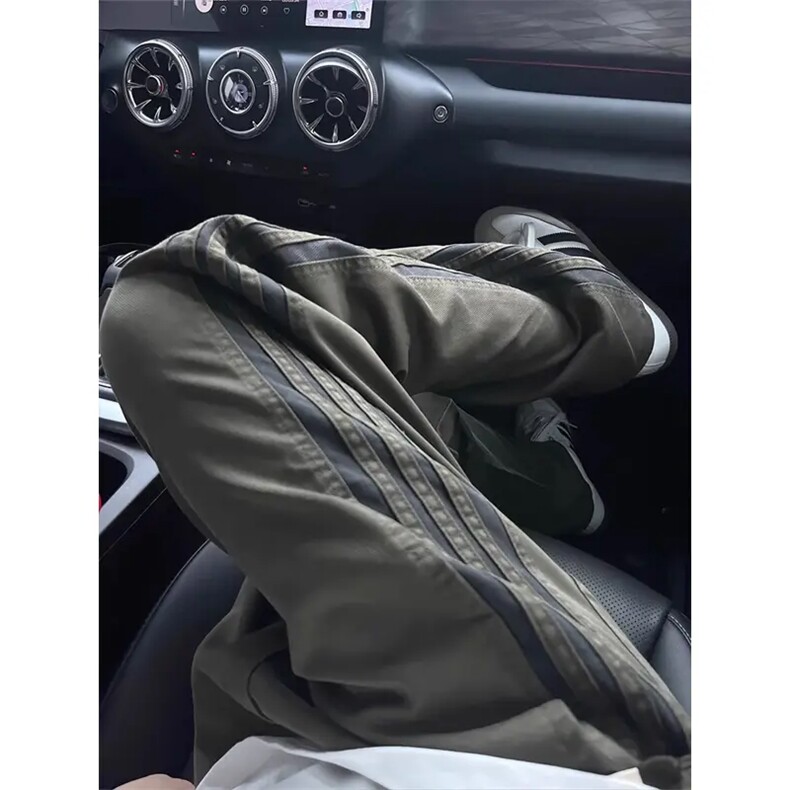 美式复古侧边条纹裤子男潮牌设计感复古直筒裤高街休闲显瘦工装裤,男装工装外套,星座506A