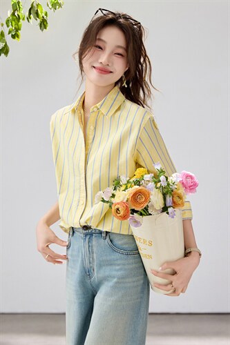 2026春夏新款黄蓝条纹衬衫女宽松显瘦元气少女感衬衣韩系清爽竖条，女装衬衫，艾米