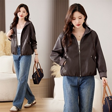 宽松洋气短款皮衣外套女2025秋新款高级感小个子连帽pu皮夹克，女装皮衣，仁梯