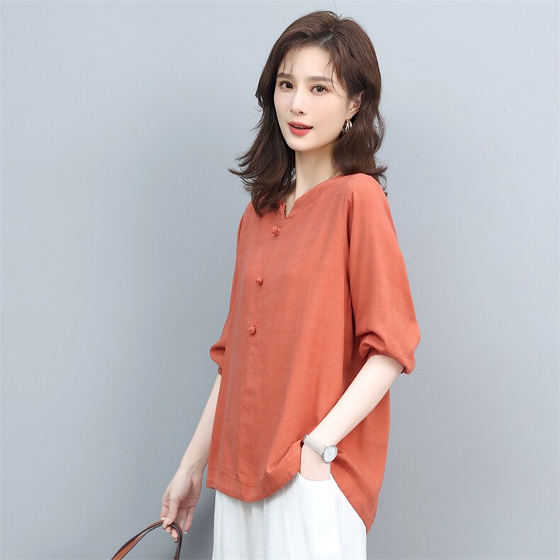 2022春款宽松显瘦棉麻上衣女长袖V领休闲百搭透气舒适T恤,女装T恤,悦见她