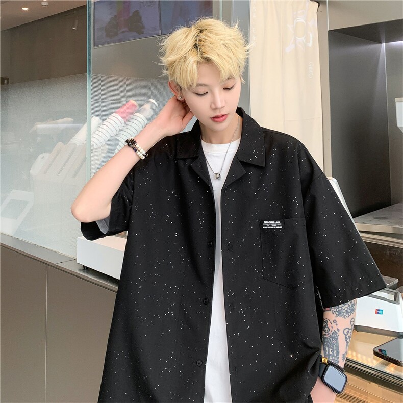满天星夏季新款衬衣24港风男宽松短袖衬衫夏装半袖薄上衣S309P48,男装T恤,电商A233-1