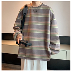 港风麂皮绒圆领条纹拼接卫衣男宽松长袖T恤打底衫Y5533P45，男装T恤，星座1204-3