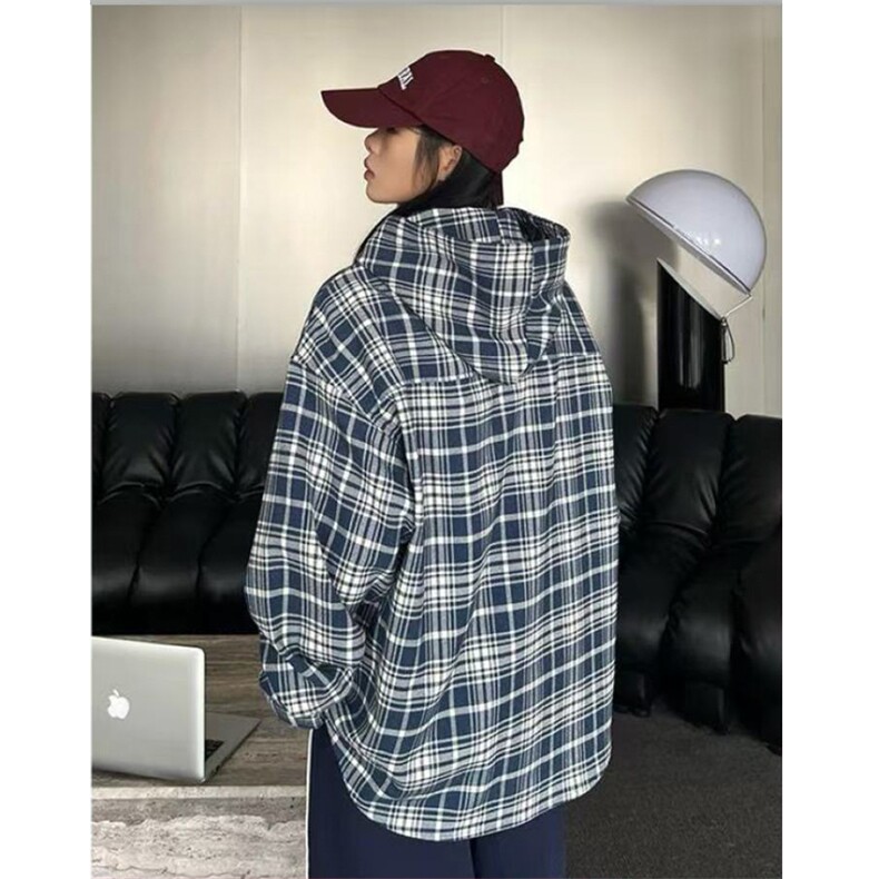 网图！抖音时尚刺绣连帽男士衬衫休闲情侣格子衬衣CS808-P38,男装衬衫,电商A006