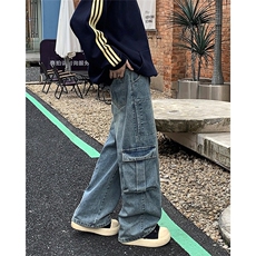 美式水洗大口袋工装牛仔裤男春秋季潮牌复古宽松休闲百搭直筒裤子，男装牛仔裤，星座410-7