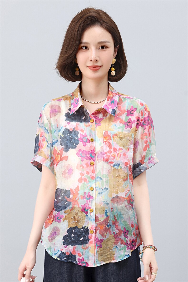 叶笙衣2552衬衫领短袖印花上衣,女装衬衫,叶笙衣