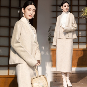 新中式国风改良汉服套装女春秋新款复古气质针织开衫半身裙两件套图片