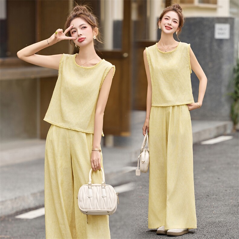 高级感气质名媛套装女2025夏季新款香风无袖背心阔腿裤两件套女，女装套装/套裙，伊仟回