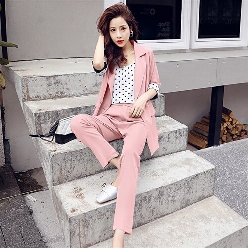 2021年夏季波点优雅舒适时尚气质套装/套裙中长款西装三件套装,女装套装/套裙,瑶迪依秀