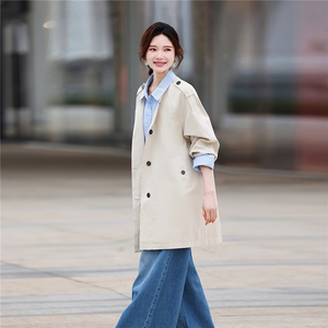 条纹拼接中长宽风衣女假两件女春季新款设计感减龄夹克上衣图片