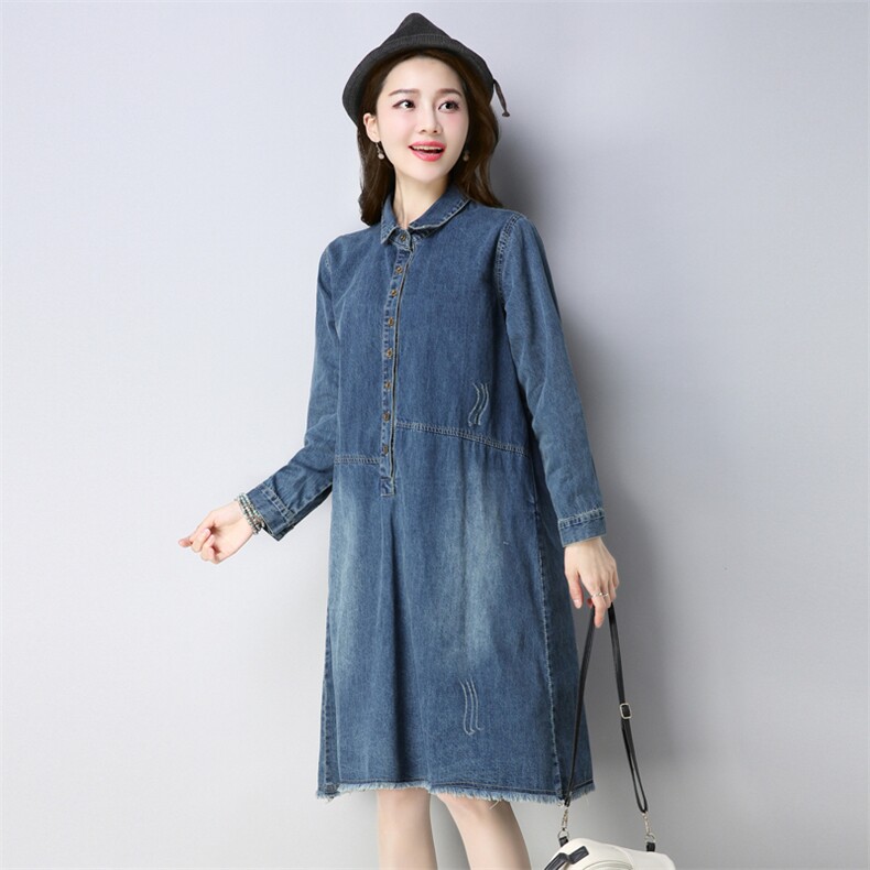 牛仔布潮流休闲时尚气质长袖排扣翻领纯色2021年春季连衣裙,女装连衣裙,小林双子