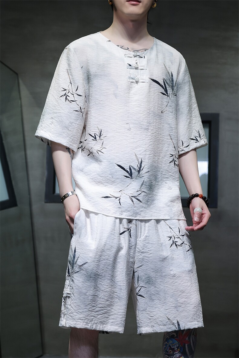 2025夏季新款男装风冰丝竹叶印花盘扣套装短袖+短裤A103-P80,男装休闲套装,电商B277(原6028)