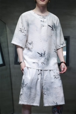 2025夏季新款男装风冰丝竹叶印花盘扣套装短袖+短裤A103-P80，男装休闲套装，电商B277(原6028)