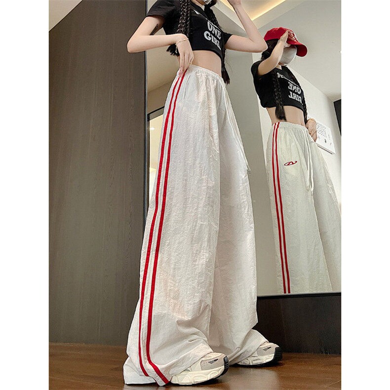 美式运动拼接条纹休闲裤女夏季松紧腰宽松束脚阔腿裤子K802p38,男装休闲裤,电商D315A