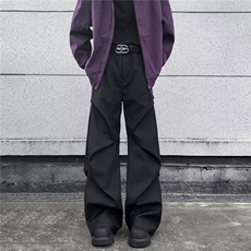 黑色褶皱休闲裤男款春秋高级感美式西裤垂感高街直筒裤子，男装西裤，星座601-1