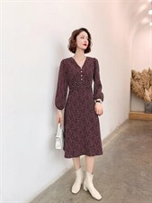 秋冬新款优雅修身中长款连衣裙女装，女装连衣裙，荷塘月色