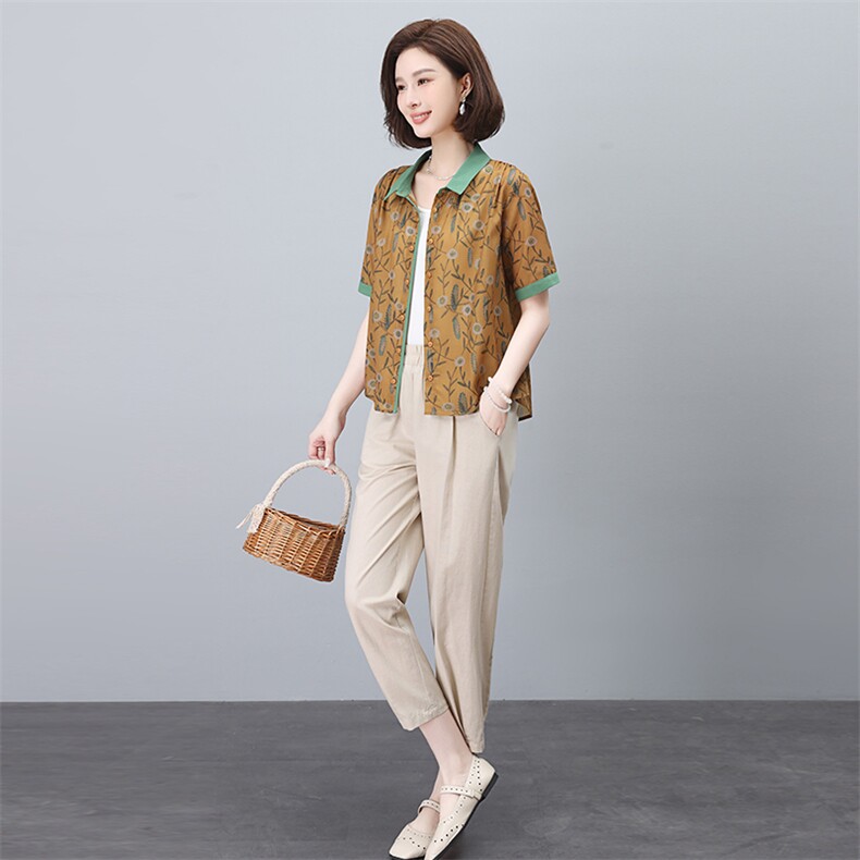 夏季冰丝棉麻套装女夏装2024新款妈妈洋气时尚休闲亚麻两件套,女装套装/套裙,依恋蒂丝
