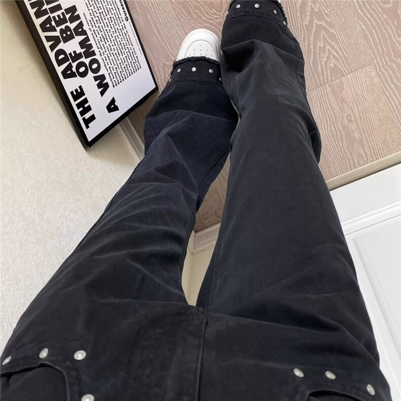 美式复古铆钉装饰设计牛仔裤男女显瘦直筒微喇百搭长裤LA4666-P45图片