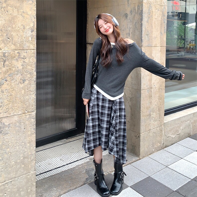 休闲减龄穿搭灰色上衣套装女春秋超火好看高级感不规则长裙两件套，女装运动套装，浙宝285（原212）