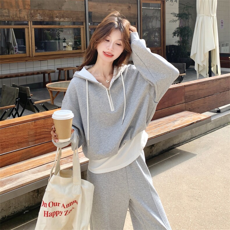 灰色运动套装女2025秋季新款撞色拼接减龄连帽卫衣长裤休闲两件套图片
