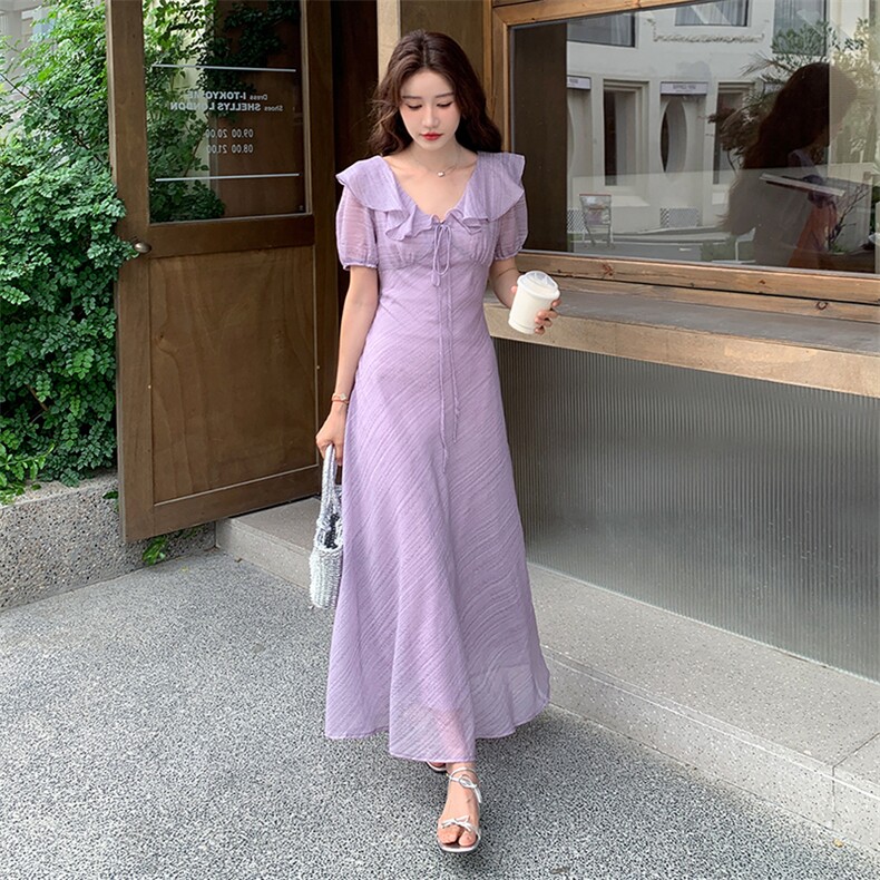 气质长款V领荷叶边温柔连衣裙女夏季2025文艺日系绝美高级感长裙,女装连衣裙,浙宝305