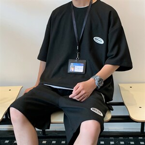 TZ65556/P40华夫格夏季宽松贴标套装男T恤短裤两件套大码港风控78,男装休闲套装,电商A141