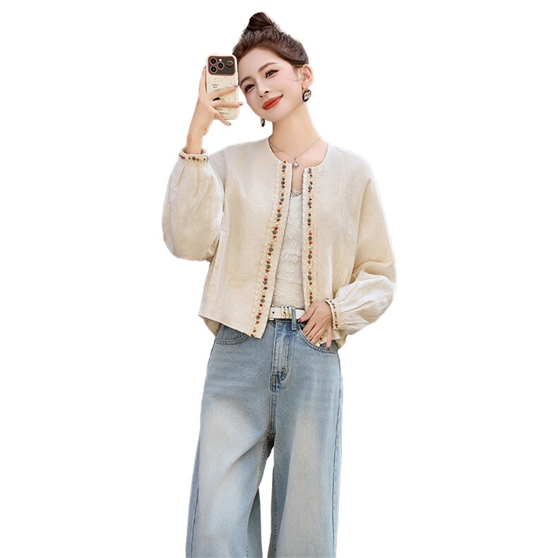 新中式国风提花钉珠圆领外套女2025春季小个子减龄超好看短款上衣,女装短外套,维一诺（1D095）
