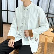 2025新款中式盘口长袖上衣潮流时尚汉服风刺绣假两件，男装民族服装，星座1206（原A206）