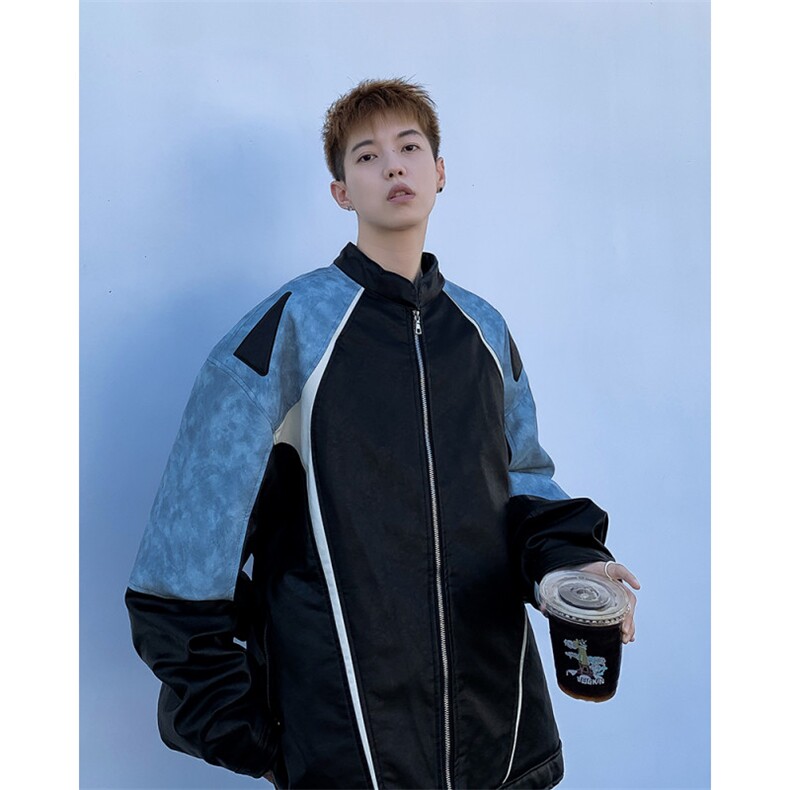 2024新款港风美式扎染皮拼接立领飞行员夹克棒球服男JK1258-P80,男装夹克,星座313A(原308A-2)