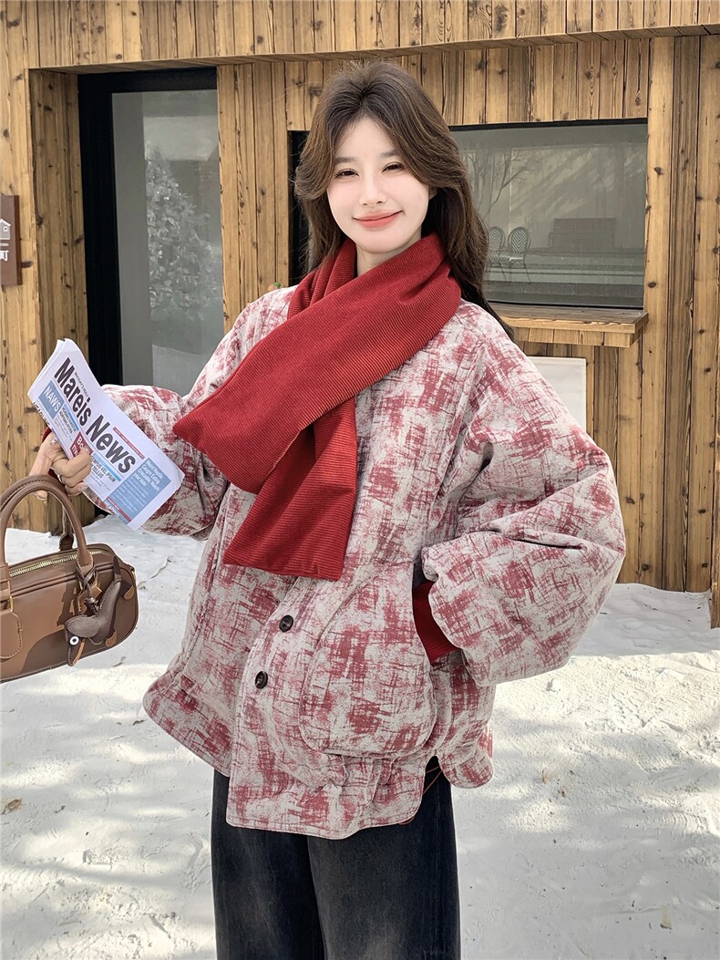 红色小众设计感围巾款羽绒服女冬季2026新款韩版加厚新年喜庆外套,女装羽绒服,艾米莉亚