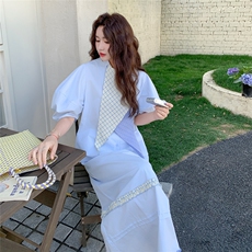蓝色法式气质套装裙女2025夏季新款超好看泡泡袖上衣半身裙两件套，女装套装/套裙，慧尚依恋