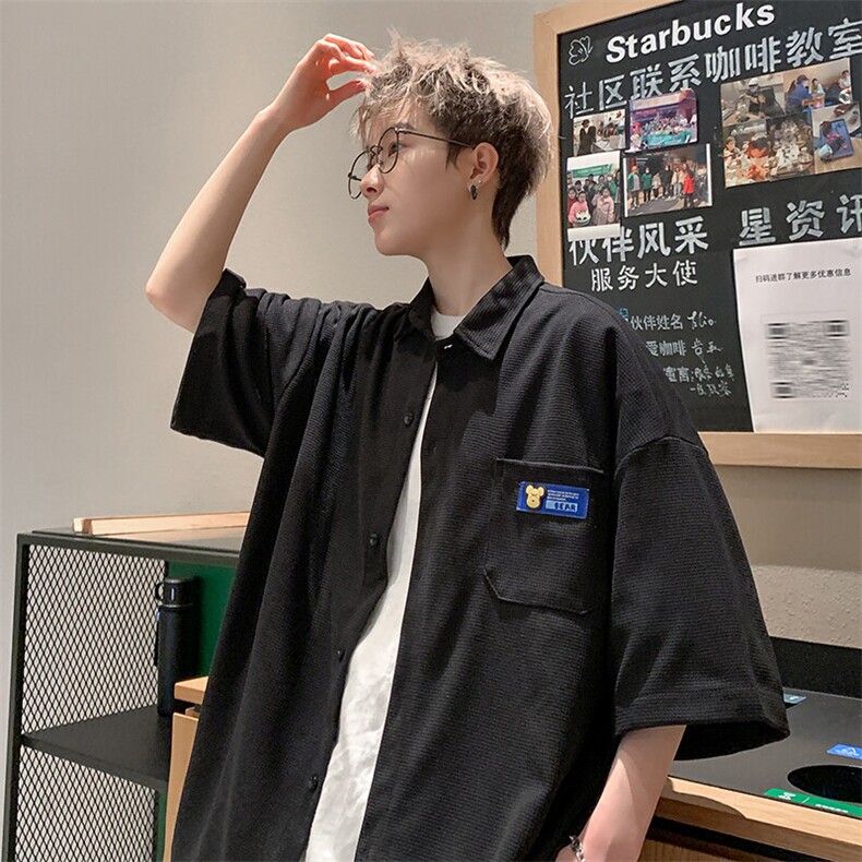 2026夏潮牌男华夫格高克重格子短袖五分袖衬衫CS880/特P25黑色2,男装衬衫,电商A094