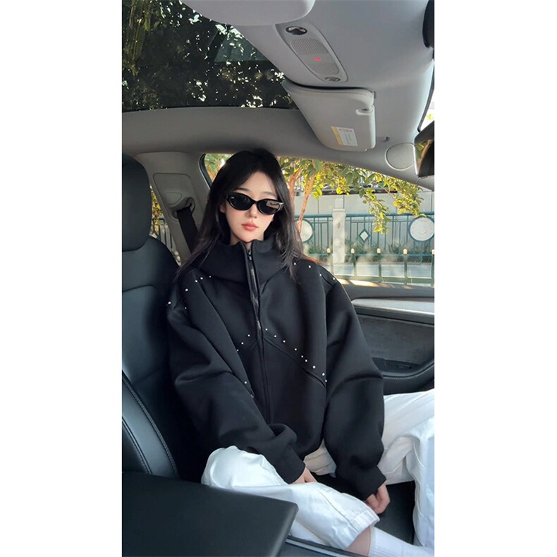 抖音得物高品质二开26春装美式高街铆钉拼接纯色开衫卫衣外套W122,女装短外套,电商A486-1