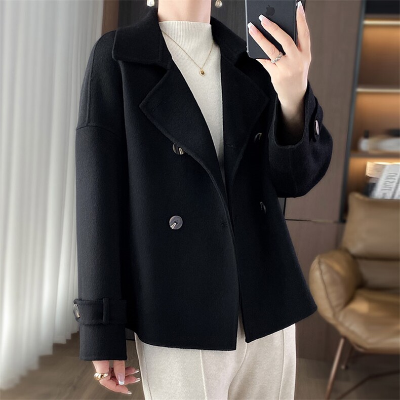 时尚气质短款小个子双面呢羊毛大衣显瘦百搭黑色外套女秋冬季新款，女装毛呢外套，乾庄羊绒
