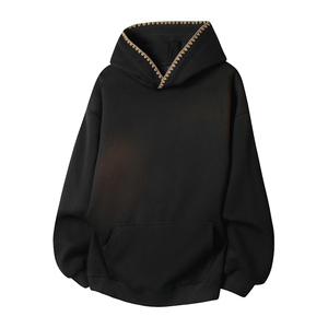 抖音得物高品质二开 25秋冬美式重磅宽松纯色连帽贝壳刺绣卫衣W63,男装卫衣,电商A486