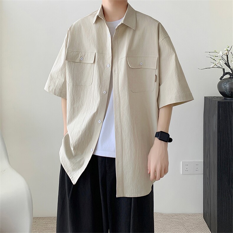X2437-TP35控价58夏季日系潮流宽松工装短袖衬衫男港风中袖衬衣，男装衬衫，电商A102-1