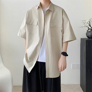 X2437-TP35控价58 夏季日系潮流宽松工装短袖衬衫男港风中袖衬衣，男装衬衫，电商A102-1