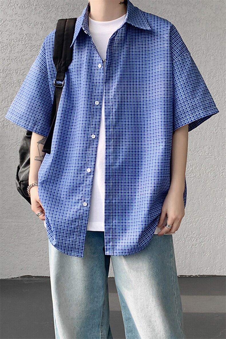 8XL-M短袖衬衫男夏宽松慵懒风痞帅条纹格子衫半袖外套DC28005P40,男装衬衫,电商B312