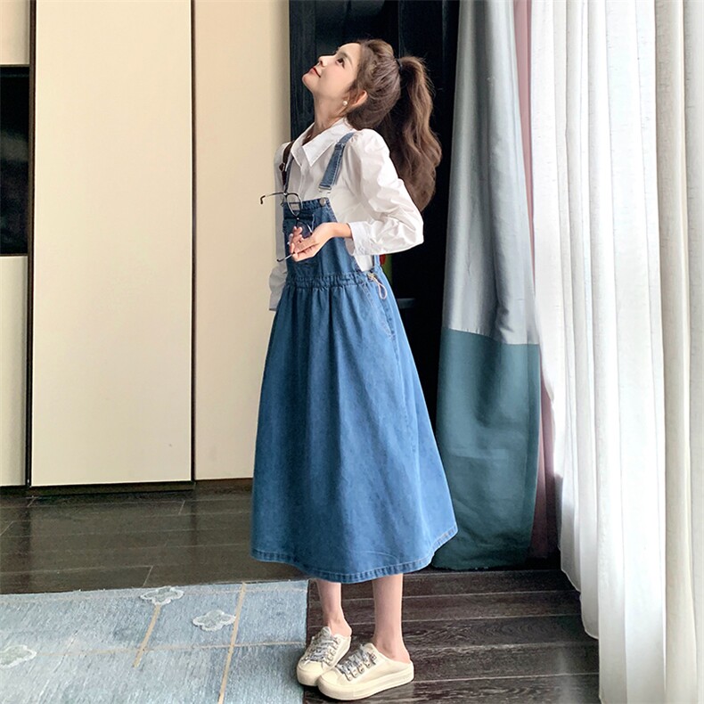 学院风牛仔连衣裙少女装秋季2025新款衬衣两件套学生背带裙子图片