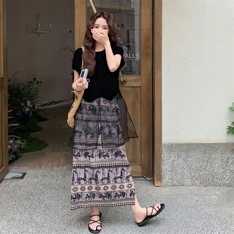轻熟风韩系网纱短袖上衣套装女夏季新款休闲显瘦印花半身裙两件套,女装套装/套裙,2C170