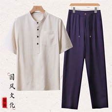 主推！棉麻套装2024新款夏季风亚麻短袖T恤休闲长裤套装，男装T恤，钱塘6003（原4033）