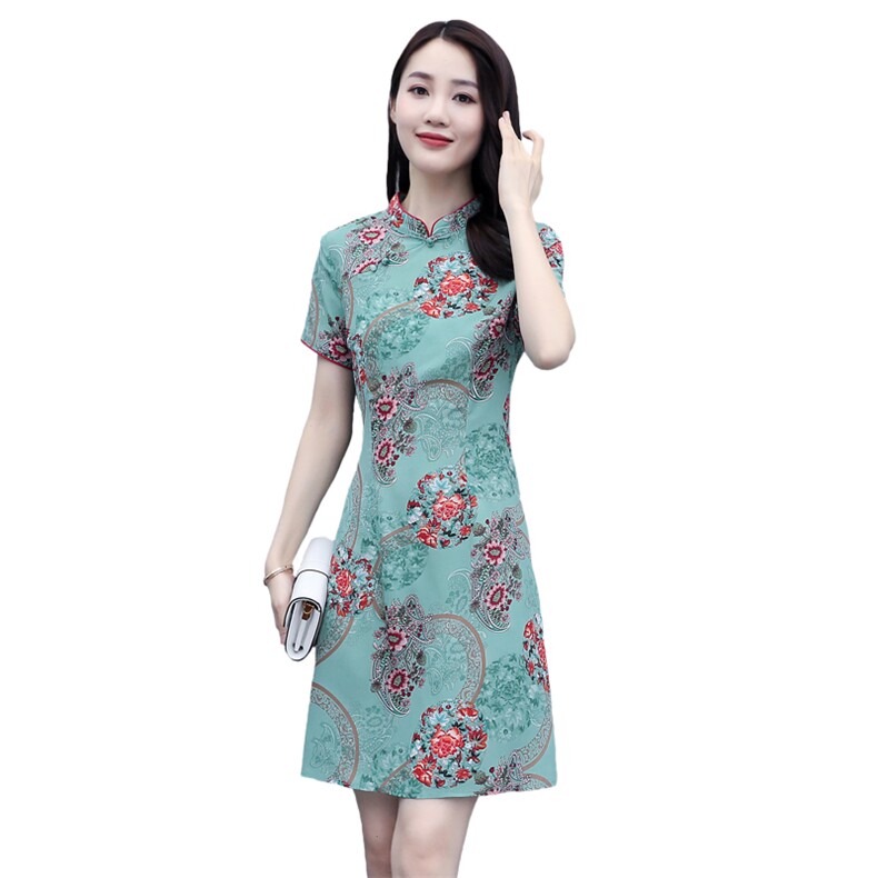 2022年夏季花色通勤短袖中长款印花淑女连衣裙,女装连衣裙,岚衣(原川流布茜）