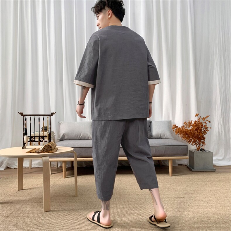 W857P85新咖啡厅风春夏装短袖套装汉字印花哈伦裤学生加大码,男装休闲套装,电商A026