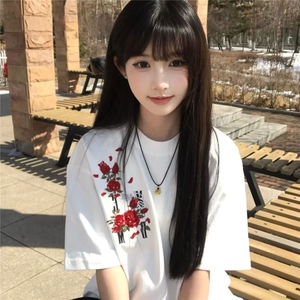 H0758-P35重工前后刺绣新款时尚潮流短袖t恤女图片